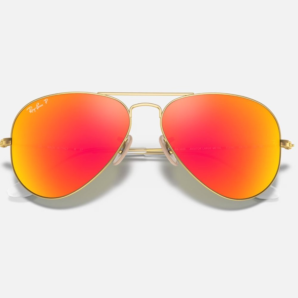 Like New: Ray-Ban Aviator Polarized Sunglasses. Matte Gold Frame, Orange Lenses